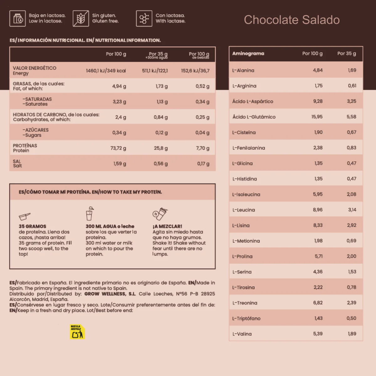 GROW NUTRITION PROTEINA ISOLATED WHEY CHOCOLATE SALADO 500 GR - Imagen 4