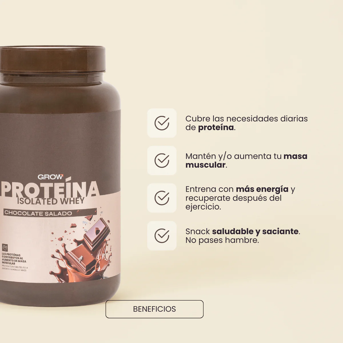 GROW NUTRITION PROTEINA ISOLATED WHEY CHOCOLATE SALADO 1 KG - Imagen 3